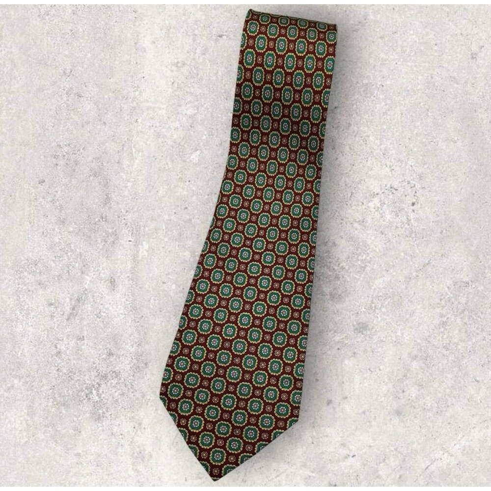 NINA RICCI Silk Tie FRANCE Burgundy Green Yellow Floral W:3.6" EUC